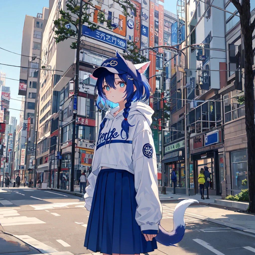 1 Girl, ager, (Animal ears), straight on, whole body, Looking at the audience, Hair between the eyes, Hair accessories, Colorful hair, Double braid, Fox Tail, (Multi-tail:1.3), badge, Bangs, (Blue baseball cap:1.2), Clothes Writing, White clothes, hood, hood down, permanent, Long sleeve, Shut up, (Blue Skirt:1.05), Solitary, (faint blush:0.9), bare Tree, architecture, City, Cityscape, sky, outdoor, sTreet, Tokyo (City), Tree