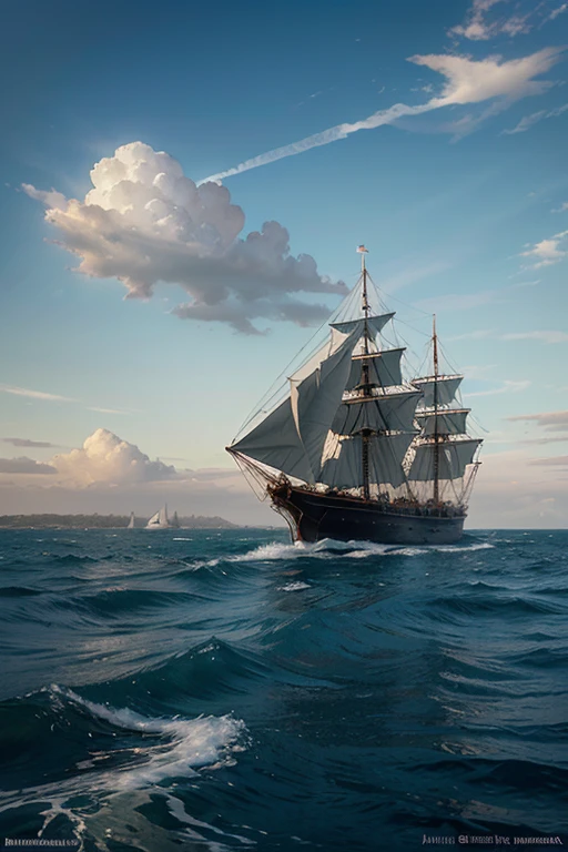 Create a calm daytime sea and clear sky in the style of Aivazovsky.