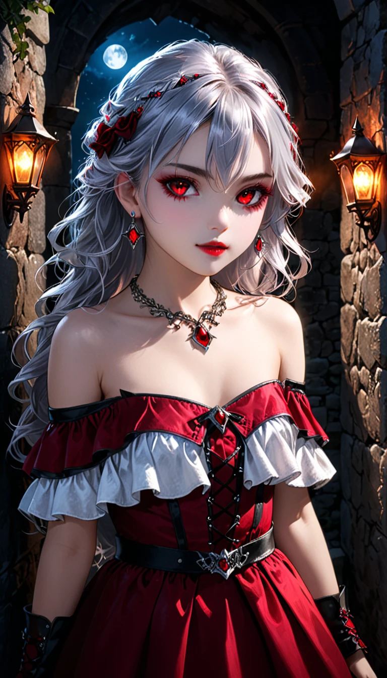 1girl, solo, mature woman, [white shirt top: red dress under], (vampire pattern clothing), long curvy messy hair, silver hair, glowing ruby colored eyes, black eye liner, glowing eyes, ((beautiful face)), detailed face, detailed eyes, perfect hands, (collarbone), (off shoulder), leather high boots, leather glove, set in ancient castle, stone wall, moonlight, cold light, POV, looking at viewer, medieval theme, pretty lips, (seductive look), waitress, illustration, 8k, super details, award winning, high res