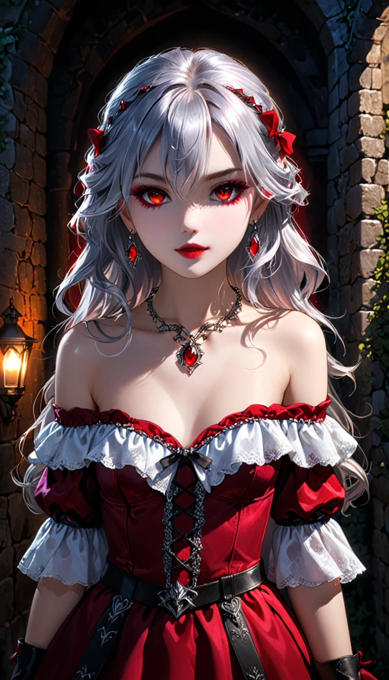 1girl, solo, mature woman, [white shirt top: red dress under], (vampire pattern clothing), long curvy messy hair, silver hair, glowing ruby colored eyes, black eye liner, glowing eyes, ((beautiful face)), detailed face, detailed eyes, perfect hands, (collarbone), (off shoulder), leather high boots, leather glove, set in ancient castle, stone wall, moonlight, cold light, POV, looking at viewer, medieval theme, pretty lips, (seductive look), waitress, illustration, 8k, super details, award winning, high res