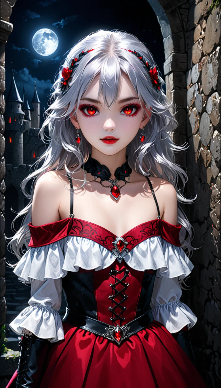 1girl, solo, mature woman, [white shirt top: red dress under], (vampire pattern clothing), long curvy messy hair, silver hair, glowing ruby colored eyes, black eye liner, glowing eyes, ((beautiful face)), detailed face, detailed eyes, perfect hands, (collarbone), (off shoulder), leather high boots, leather glove, set in ancient castle, stone wall, moonlight, cold light, POV, looking at viewer, medieval theme, pretty lips, (seductive look), waitress, illustration, 8k, super details, award winning, high res