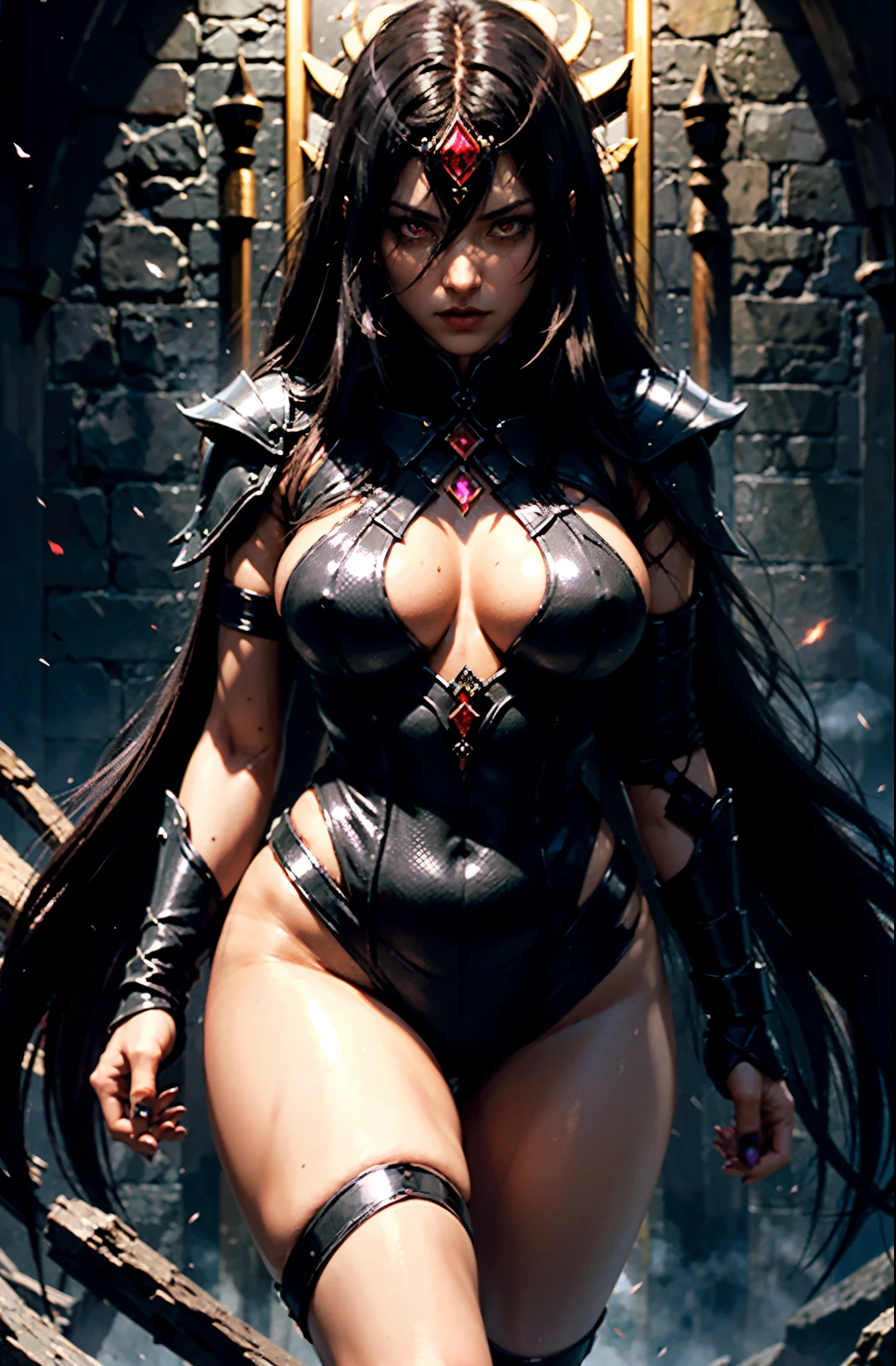 A stunning female warrior with an alluring and darkly seductive appearance. She has long, flowing black hair with hints of purple and red iridescence, and eyes glowing with deep ruby and shadowy hues. Her skin is a smooth, dark onyx with a subtle, ethereal sheen. She wears a form-fitting, black and crimson armor adorned with spectral runes that emit a faint ghostly light. Her physique is athletic and curvaceous, with a height of approximately 1.75 m, a bust of 95 cm, a waist of 65 cm, hips of 95 cm, and thighs of 60 cm. The overall look is both enchanting and intimidating, embodying the essence of dark elegance