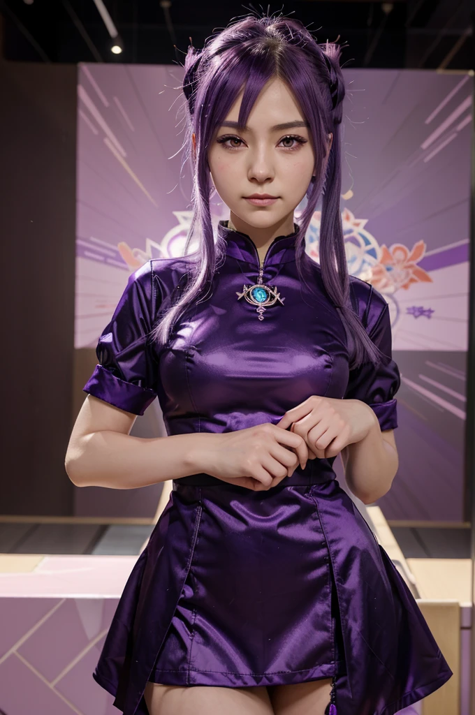 anime girl with purple hair and purple eyes in a purple outfit, ayaka genshin impact, [[[[grinning evily]]]], akasuki voidstar, onmyoji portrait, hajime yatate, anime moe artstyle, portrait knights of zodiac girl, keqing from genshin impact, ayaka game genshin impact