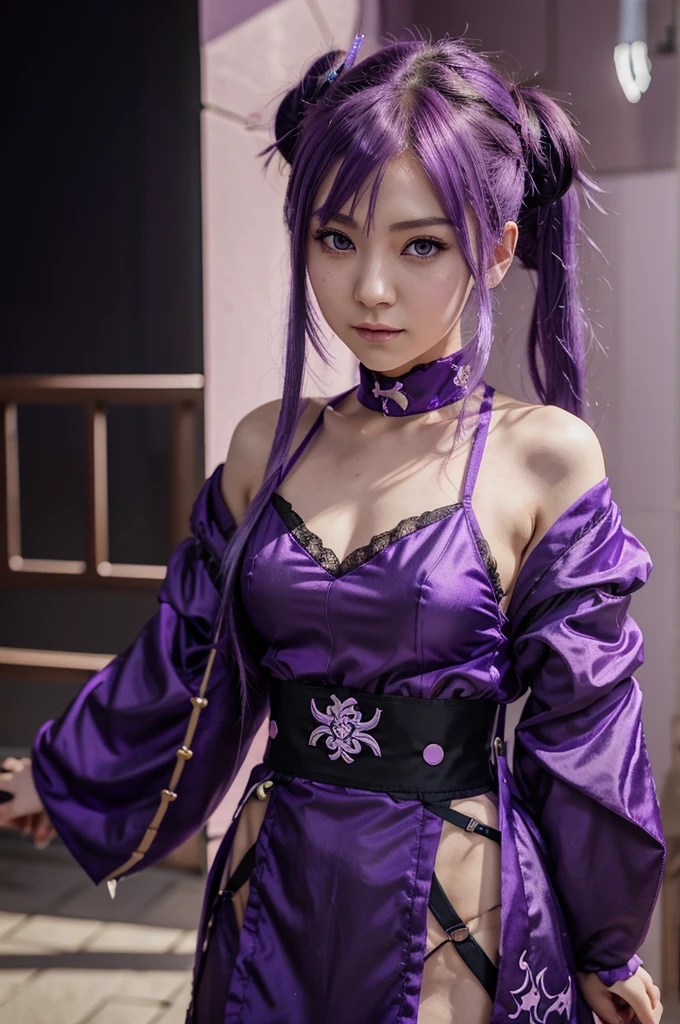 anime girl with purple hair and purple eyes in a purple outfit, ayaka genshin impact, [[[[grinning evily]]]], akasuki voidstar, onmyoji portrait, hajime yatate, anime moe artstyle, portrait knights of zodiac girl, keqing from genshin impact, ayaka game genshin impact