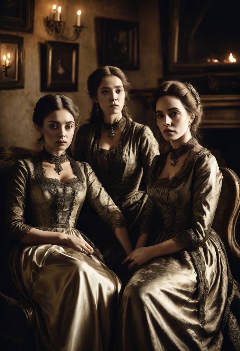 old photo of three women lady in silk dresses, sitting on old sofa, in a room with fireplace and candle lighting, horror style, desaturated, oil paint, renaissance period style