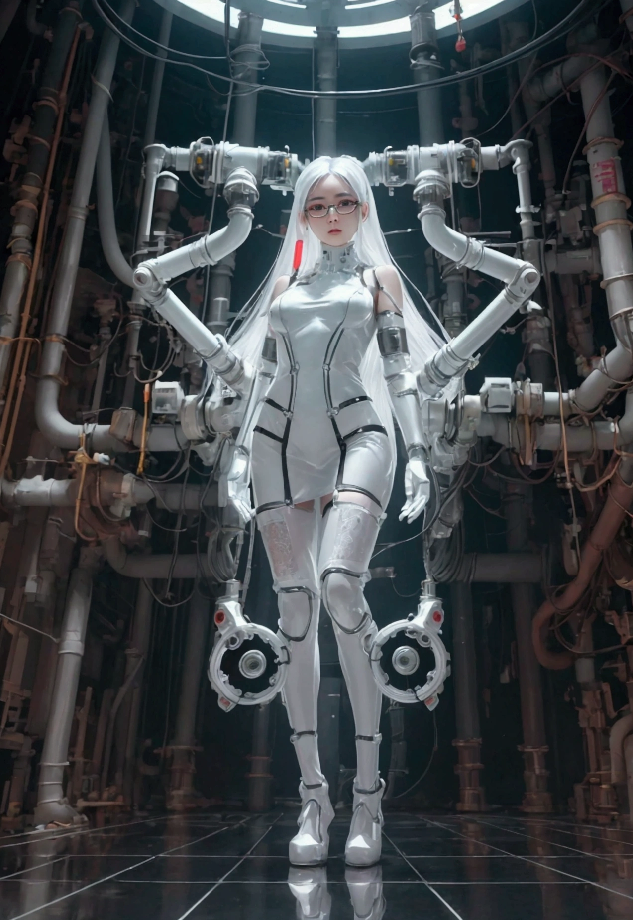 Create a cyberpunk fantasy full body image of a young Asian woman android with big eyes and glasses, white long hair, a white body, clear plastic skin, visible gears, pipes, wires and mechanisms, random pose, human limbs, standing on reflection floor. White rope lace cover on shoulders. high resolution. Intricate details.