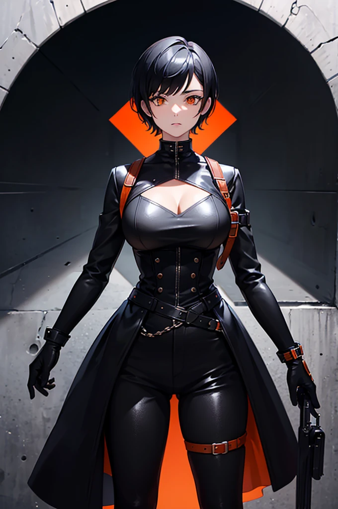 1woman, short hair, black hair, orange eyes, black leather outfit, standing on ground, high res, ultra sharp, 8K, masterpiece