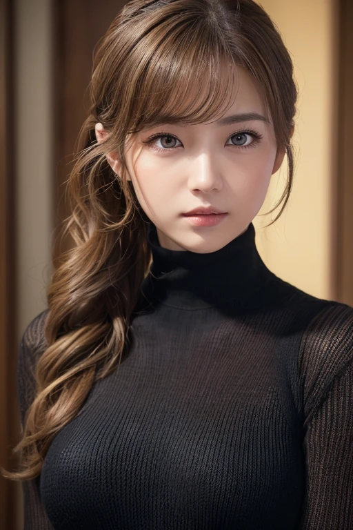 (masterpiece:1.5)、(Realistic:1.5)、(Highest quality:1.4、8k、RAW Photos）、
Ultra-high resolution、Professional Lighting、Perfect dynamic composition、indoor、
Film Grain、chromatic aberration、(Bokeh:1.1)、
Frank、Sophisticated、charm、Surreal、Attention to detail、Golden Ratio、
(1 girl)、Slender girl、繊細でcharm女の子、Cute Woman:1.4、
Serious expression、Looking at the audience、
Light brown hair、Shiny Hair、Random Cute Hairstyles、
Realistic looking skin、
Shut your mouth.、Beautiful Eyes、double eyelid、Thin arms、
(Wearing a black turtleneck knit)