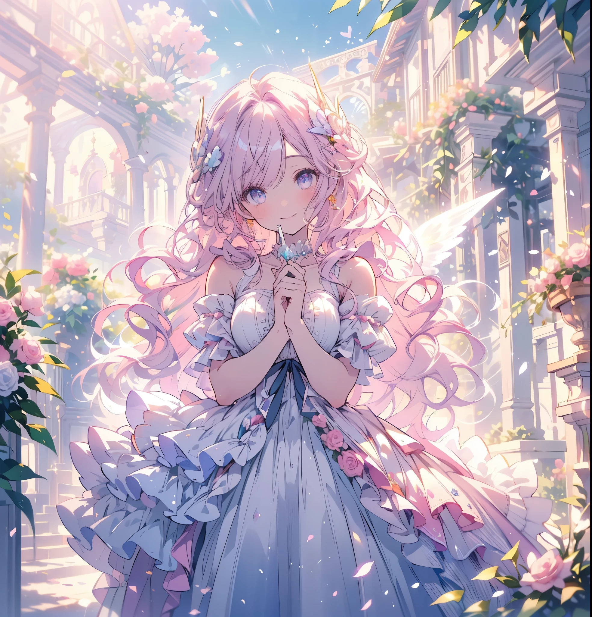 (masterpiece,Highest quality, Very detailed, beautiful, Exquisite, 16K, Full HD), (Asahi,sunlight,sunny,Petals fluttering,garden),((smile,Happy:1.5)),get up,((Frills, Rhinestones and flowers,Sparkling fluffy layered ball gown)), Lots of flowers,Floral decoration,((Surrounded by roses)),(Pink medium hair,Hair blowing in the wind, Wavy Hair,Fluffy hair),(White skin,Lavender eyes, Long eyelashes, Big eyes,Pale pink cheeks),Dazzling Light, Warm lighting, (pastel colour,Fantasy art:1.2),Front facing