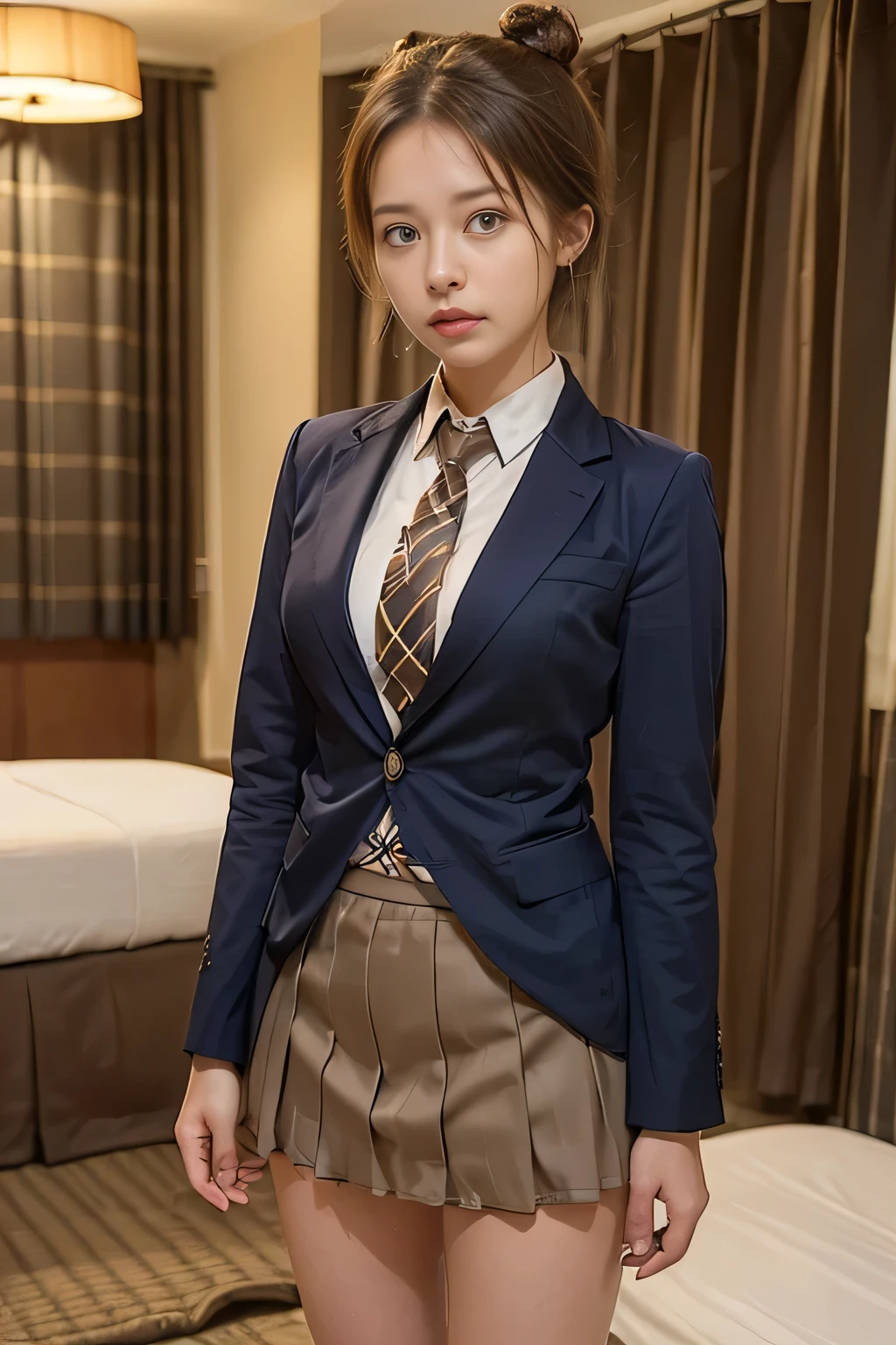((masterpiece:1.4))、((The pieces fly:1.4))、((A woman with light brown twin-tailed bun hair:1.4))、((Cowboy Shot:1.4))、((Front shot:1.4))、((Standing in a hotel bedroom wearing a short, brown, checked pleated skirt:1.7))、((High school girl uniform necktie:1.4))、Very sexy outfit, ((Wearing a strict dark blue blazer suit:1.4))、High School Girl Blazer Uniform、Sexy look,((Woman with sad expression:1.4))、