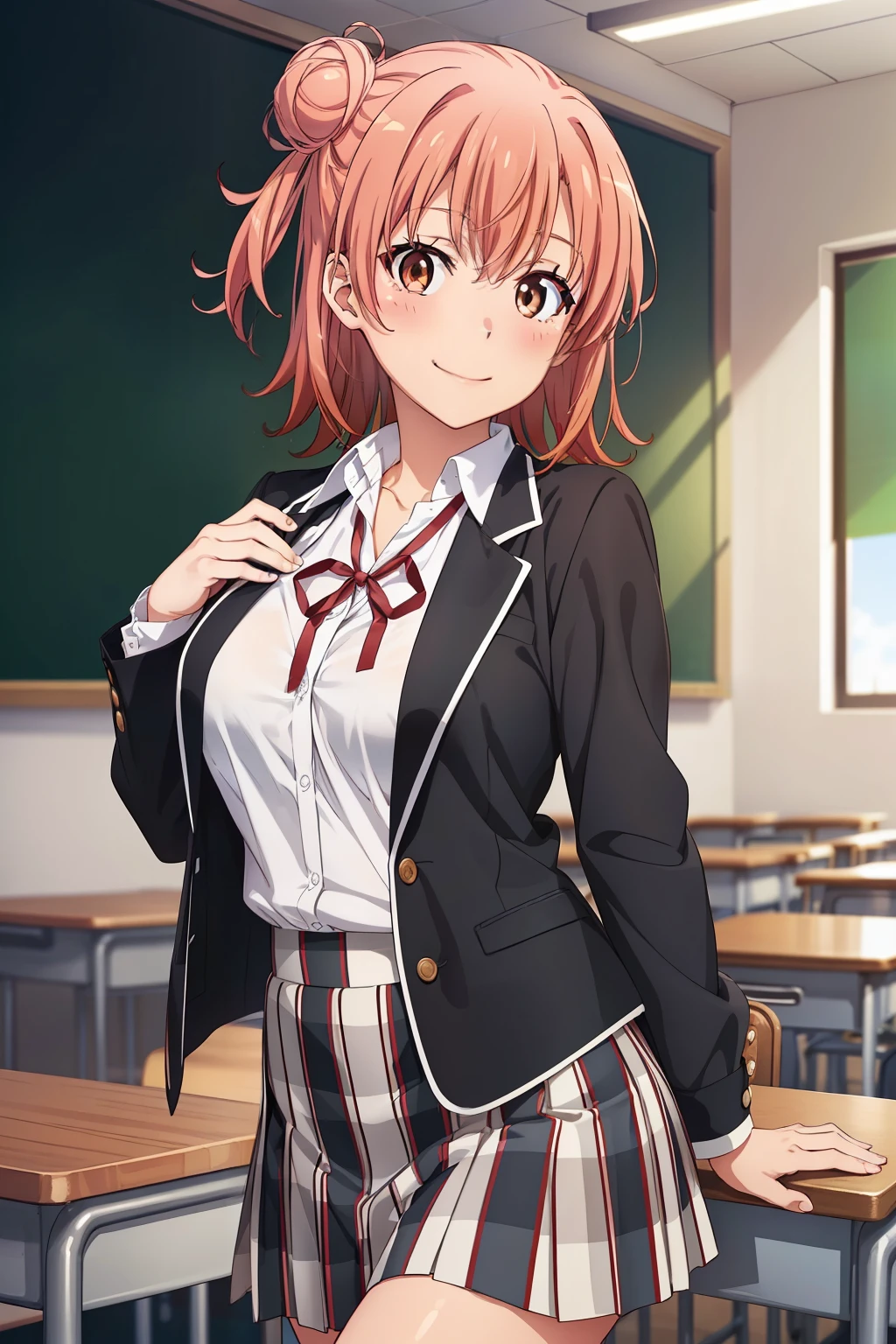 ((Highest quality, High resolution,  Pixel perfect,  4K)), (Beautiful Anime Girls), Written boundary depth,
Observe the audience, 
Perfect body,

yuigahama yui, Brown eyes, Detailed eyes, Single hair bun, 

(Big Breasts:1.2),

Focus on the chest、

Red ribbon, White shirt, Black jacket, Check skirt,

School classroom, smile, blush