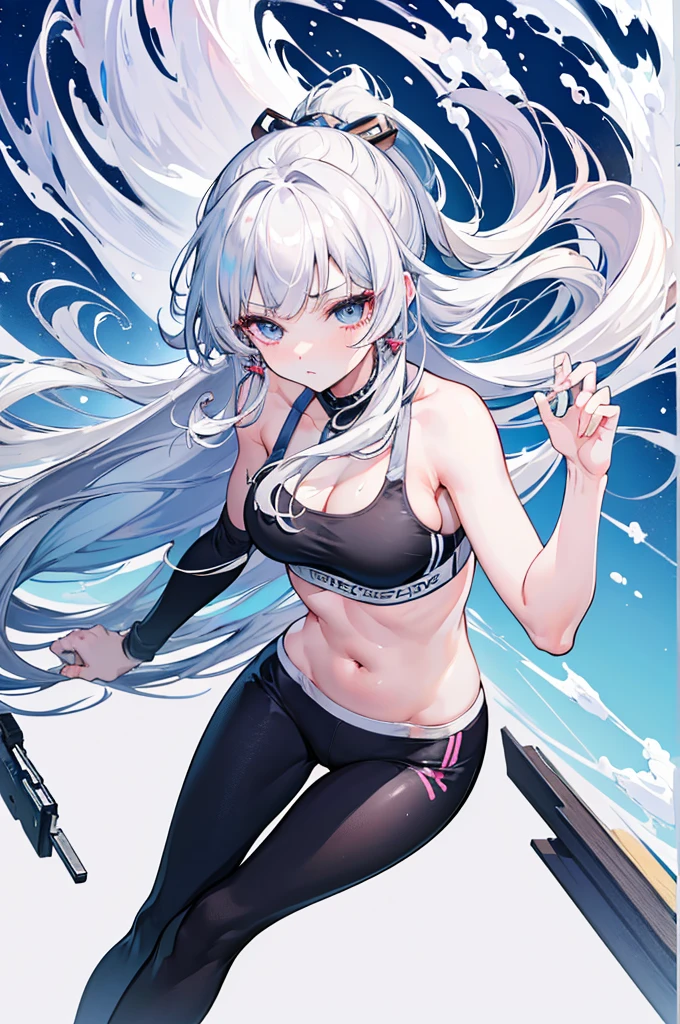 (masterpiece), best quality, expressive eyes, perfect face, silver hair, 1 girl, kamisato Ayaka genshin impact, wearing yoga pants and sports bra, absurdres, high res, ultrasharp, 8K, masterpiece, perfect hands, perfect eyes,