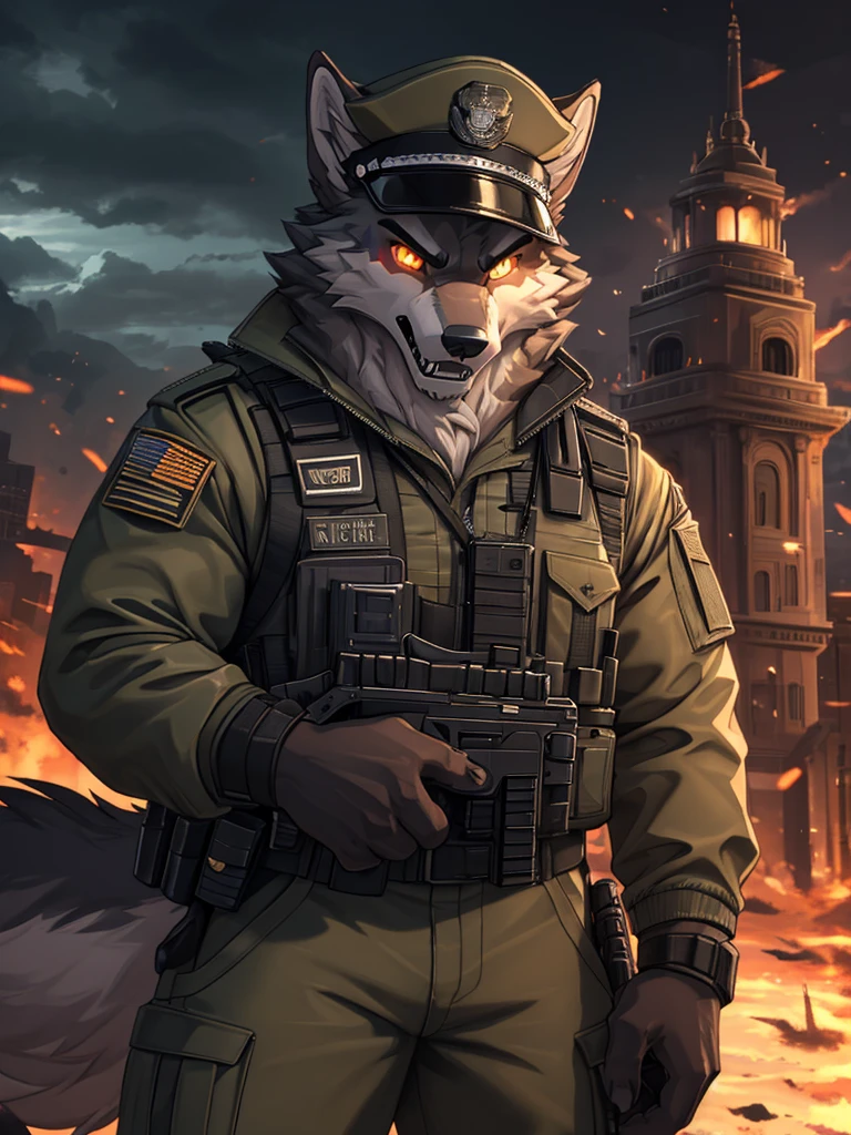 high quality, best quality masterpiece, the best definition add_detail:1 aesthetic and lighting details Wolf male military officer, decorated techwear clothing with officer hat, mature muscular male, serious intense expression, ((menacing threatening)), thick body, dark gray fur, apocalypse landscape, body with tattoo, detailed eyes, pupila amarilla orange eyes add_detail:1