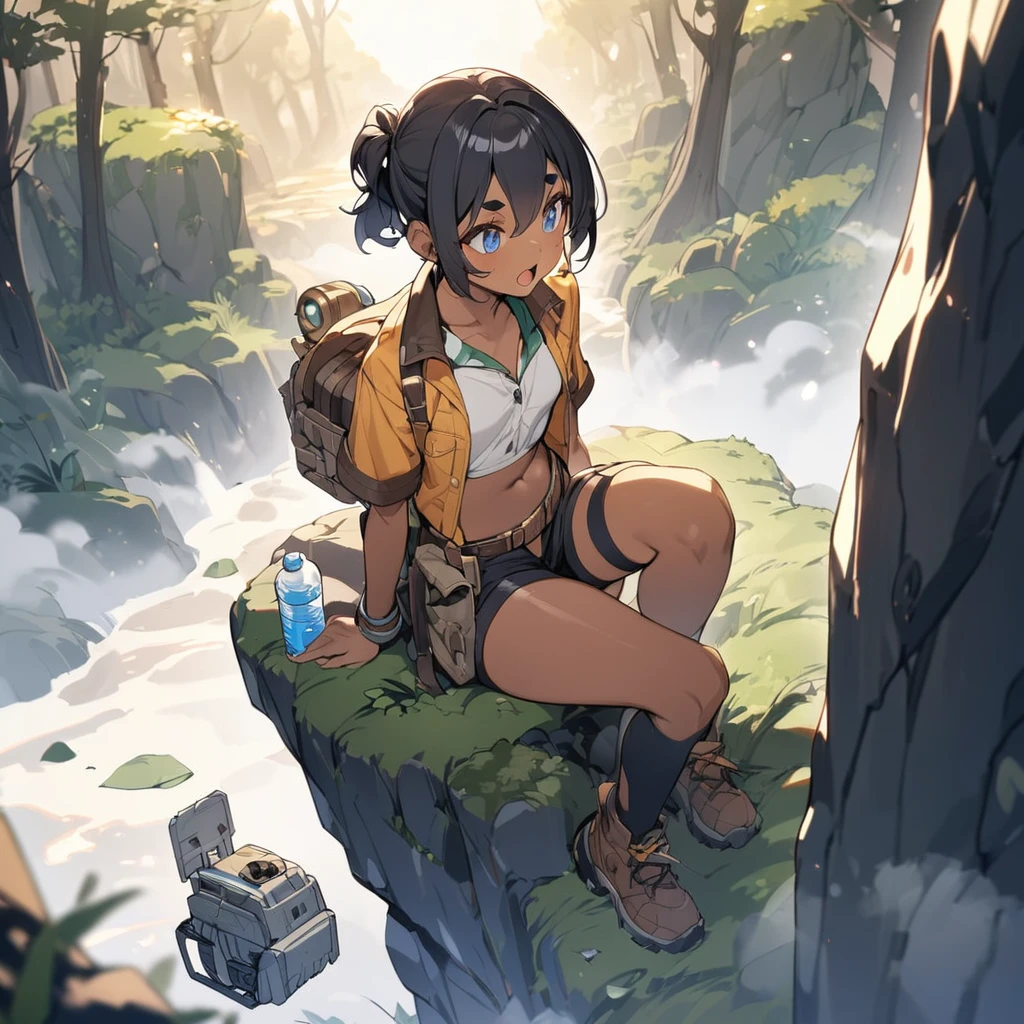 (master piece),(best quality), BREAK, 15yo gal,((dark skin body:1.2)),small breast, BREAK, dark black hair,under ponytails,flipped short hair, BREAK, for head,thick eyebrow,blue eyes,open mouth, BREAK,fog ruins night,forest,treasure hunter costume,booty shorts,Water bottle,sitting cliff edge,Mechanical pengin bot,looking up