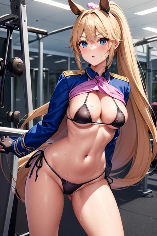 (((Standing posture))、(((Accentuate your breasts)))、Highest quality, 8k, masterpiece :1.3)), whole body, Sharp focus :One Girl,Glowing Skin,Sexy pose,Highest quality,Tabletop,shape,Very delicate and beautiful,Hmph,8k壁紙,wonderful,In detail,Official Art,Very detailedなティッカーUnity 8k壁紙,Unbelievably ridiculous,Large file size,Very detailedな,High resolution,Very detailed,Beautiful detailed girl,Realistic,X-ray,The queue is full,(((セクシーなMicro Bikini)))、(((Big Breasts、blonde)))、(((sports gym)))、Stand upright、Cleavage , ((Long brown hair、Sweat))、Beautiful belly button、Micro Bikini、Sexy pose、Hairstyle:Is a ponytail、both hands、Tokai Teio、standing splits、Beautiful legs