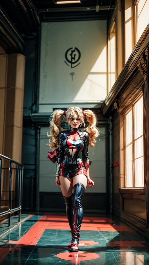 ((full-length portrait, standing, feet on the floor)) Full body shot, Harley Quinn, stand up, in the Metropolis