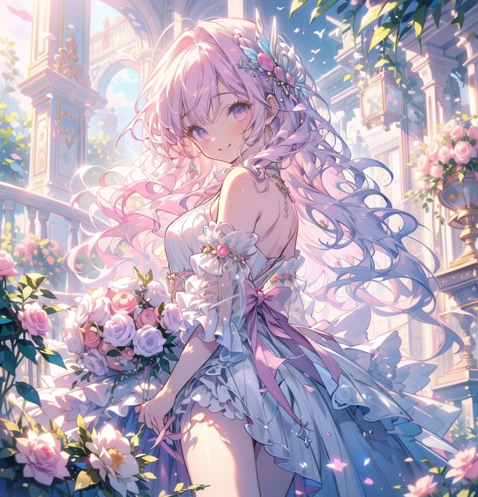 (masterpiece,Highest quality, Very detailed, beautiful, Exquisite, 16K, Full HD), (Asahi,sunlight,sunny,Petals fluttering,garden),((smile,Happy:1.5)),get up,((Frills, Rhinestones and flowers,Sparkling fluffy layered ball gown)), Lots of flowers,Floral decoration,((Surrounded by roses)),(Pink medium hair,Hair blowing in the wind, Wavy Hair,Fluffy hair),(White skin,Lavender eyes, Long eyelashes, Big eyes,Pale pink cheeks),Dazzling Light, Warm lighting, (pastel colour,Fantasy art:1.2),Front facing