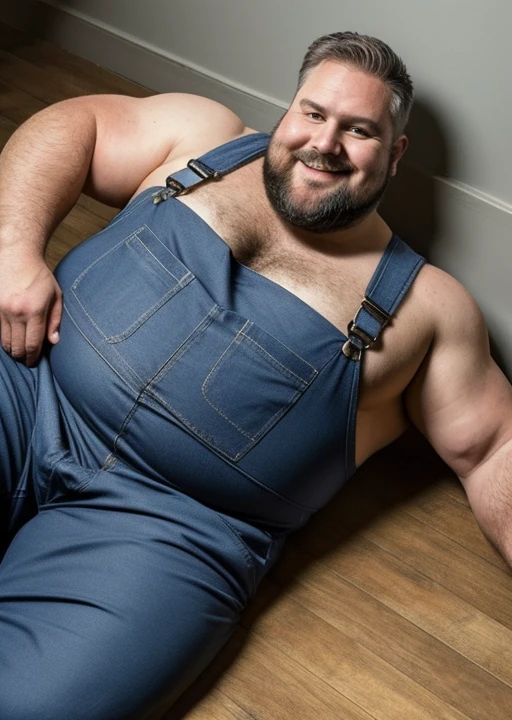 (handsome mature man plump chubby morbid extremely thick thighs bulging belly fat), older man, gray hair, white man, wearing , hairy chest, hairy belly,
mechanic overalls, bare overalls, gloves, , bulge, detailed glade on clothing, (fat and corpulent: 1.3), full beard very long, looking at the viewer, handsome man, detailed eyes, symmetrical face, mischievous smile, robust, mustache, longer hair, his body is lying sideways on the floor, front view. Fotografia de corpo inteiro fotografia de Corpo completo 