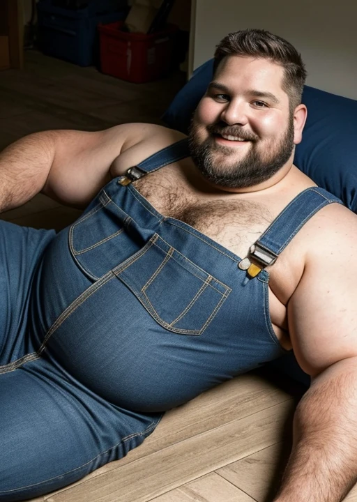 (handsome mature man plump chubby morbid extremely thick thighs bulging belly fat), older man, gray hair, white man, wearing , hairy chest, hairy belly,
mechanic overalls, bare overalls, gloves, , bulge, detailed glade on clothing, (fat and corpulent: 1.3), full beard very long, looking at the viewer, handsome man, detailed eyes, symmetrical face, mischievous smile, robust, mustache, longer hair, his body is lying sideways on the floor, front view. Fotografia de corpo inteiro fotografia de Corpo completo 