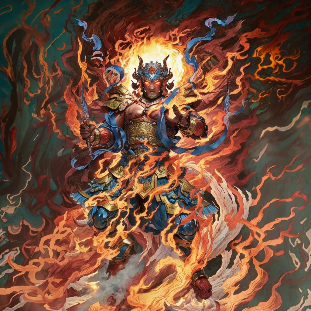 red asura, 6 arms, blue deity ribbon, fire demon, ancient Chinese armour, naked upper body, muscular, 