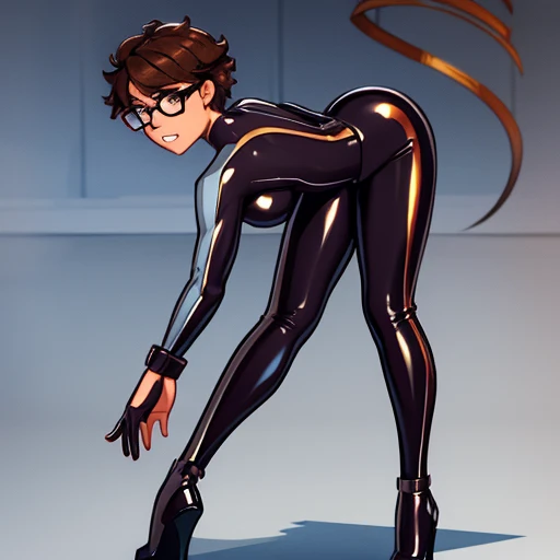Really embarrassed tomboy Slim girl, with short gray curly hair, brown skin and glasses, In Transparent latex suit , full body, dynamic poses, View from back