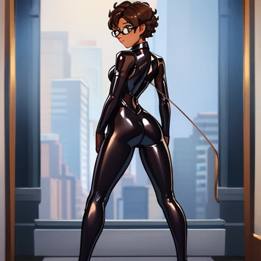 Really embarrassed tomboy Slim girl, with short gray curly  hair, brown skin and  glasses, In Transparent  latex suit   , full body, dynamic poses, View from back 