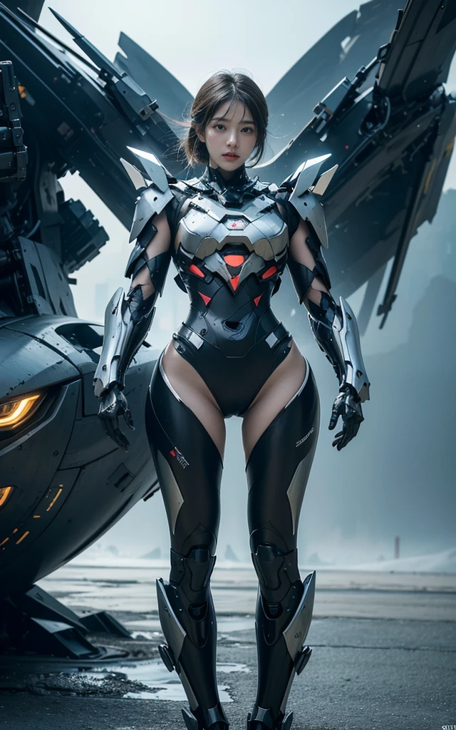 (masterpiece), (best quality), 8K ultra-high resolution, High-resolution details, 18 years old Korean girl, Solitary, beautiful girl,Delicate face，Sexy嘴唇， girl in Mecha armor, Sci-fi cool armor, Extremely detailed armor, Futuristic, Surface light, Hard Lighting, Cool pose, Complex mecha, Mecha, Standing, whole body, Sexy