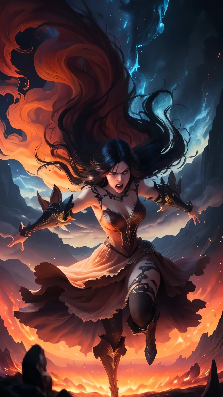((best quality)), ((masterpiece)), (detailed), A digital illustration of a furious woman in a light peach color princess dress with long black hair flying in the air surrounded by monsters, with a tornado and lava in the background