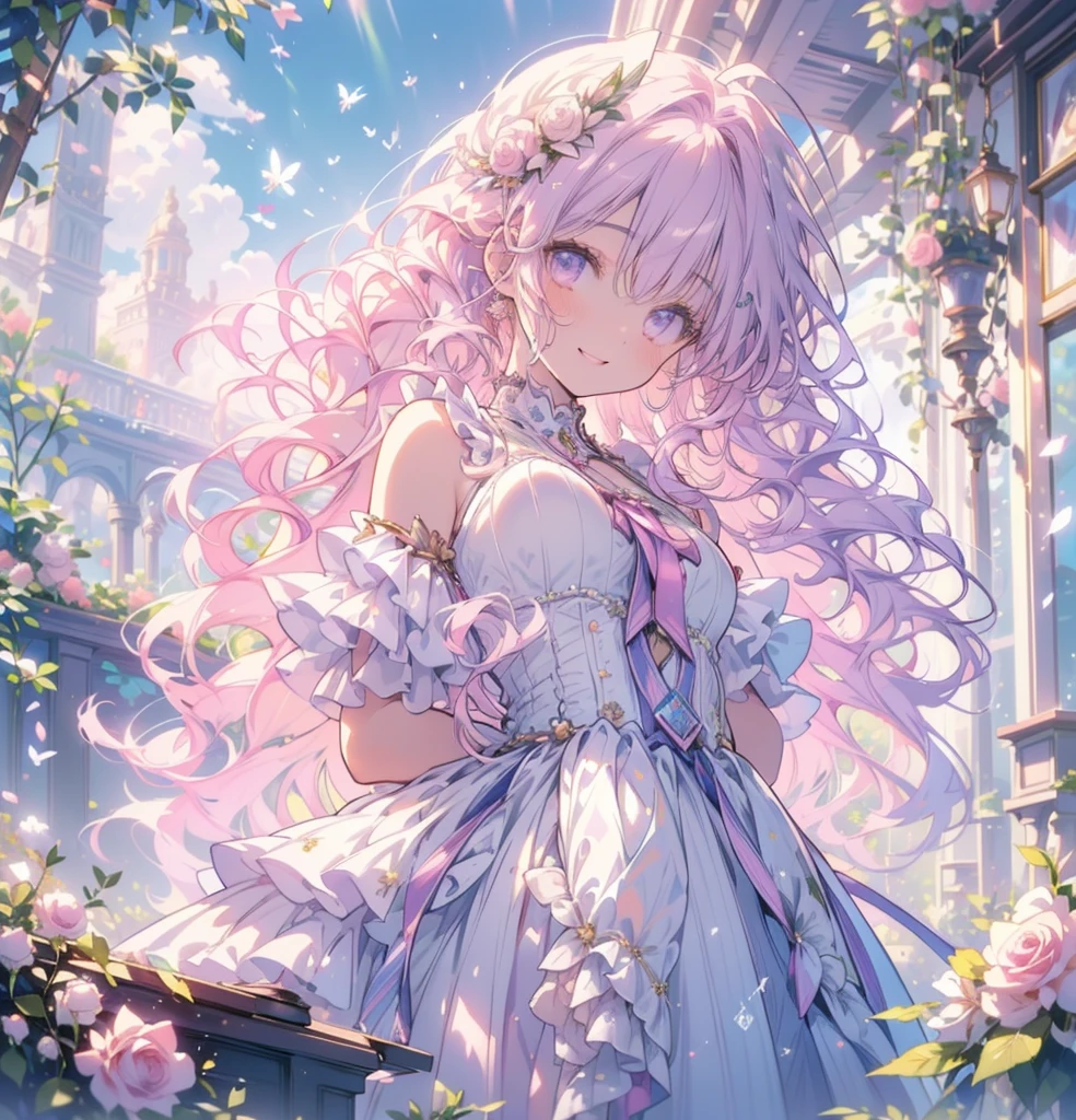 (masterpiece,Highest quality, Very detailed, beautiful, Exquisite, 16K, Full HD), (Asahi,sunlight,sunny,Petals fluttering,garden),((smile,Happy:1.5)),get up,((Frills, Rhinestones and flowers,Sparkling fluffy layered ball gown)), Lots of flowers,Floral decoration,((Surrounded by roses)),(Pink medium hair,Hair blowing in the wind, Wavy Hair,Fluffy hair),(White skin,Lavender eyes, Long eyelashes, Big eyes,Pale pink cheeks),Dazzling Light, Warm lighting, (pastel colour,Fantasy art:1.2),Front facing