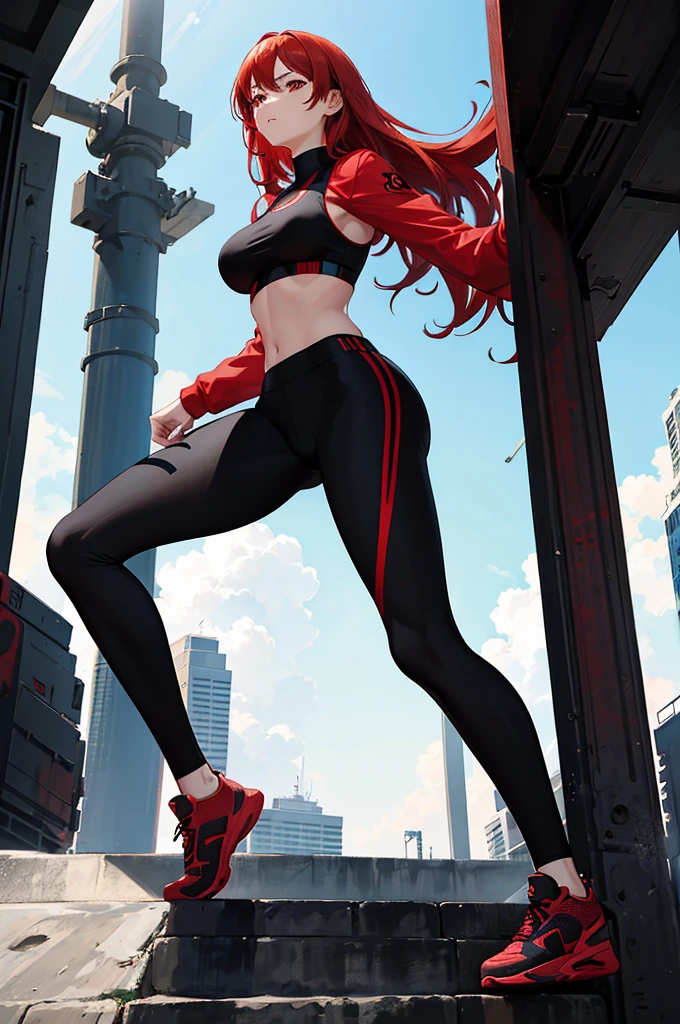 1woman, red hair, red eyes, tall, black yoga pants, black sports bra, standing on ground, high res, ultra sharp, 8K, masterpiece