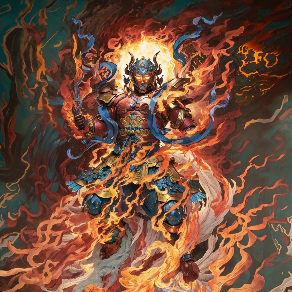  6 arms, blue deity ribbon, fire demon, ancient Chinese armour, naked upper body, muscular, 