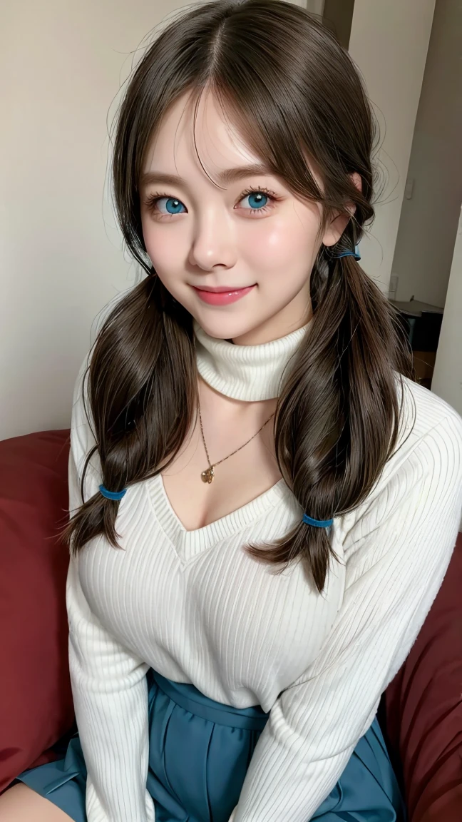(1 girl),smile、Look into the camera、necklace、 turtleneck sweater、The material is smooth and flexible.、exposed upper arms、Blue-green striped knee-length socks Extra long twin tail hair、close range shooting、Flower Hair Ornaments、Blindfold、Garter、 Masterpiece, Highest quality, 8ก, beautiful girl, young face、 photography, Cute face, thigh,in the stream,、รอยsmile、small waist, blue eyes(((The chest is erect.)))(((round chest)))(((big breasts:1.0)))