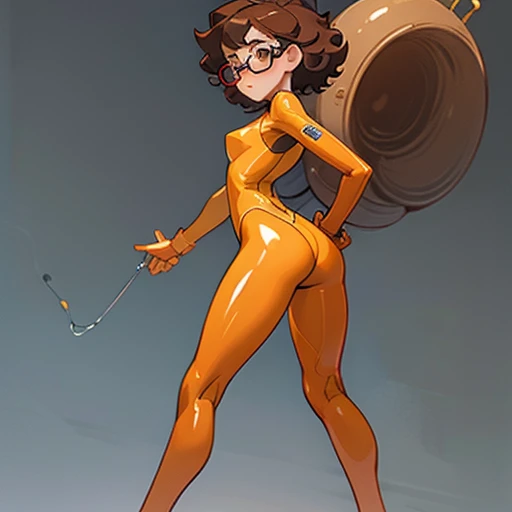 Really embarrassed tomboy Slim girl, with short gray curly hair, brown skin and glasses, In Transparent latex suit , full body, dynamic poses, View from back