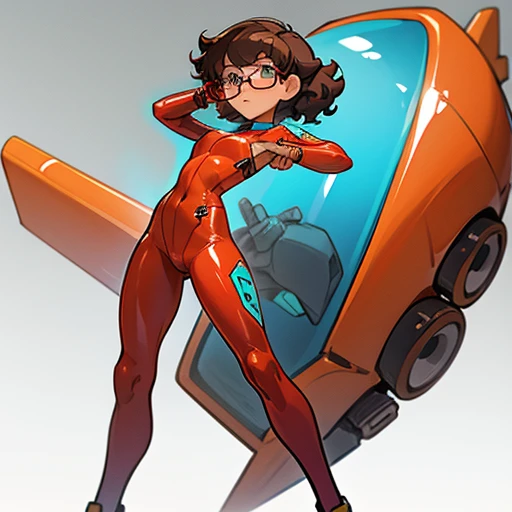Really embarrassed tomboy Slim girl, with short gray curly  hair, brown skin and  glasses, In Transparent  latex suit   , full body, dynamic poses, View from back 