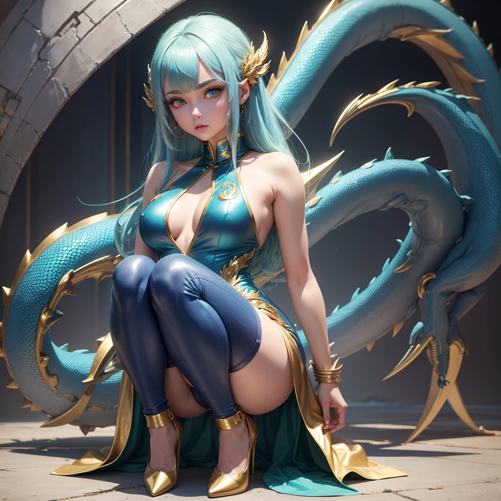 A shy girl, hair green, blue colored eyes, gold colored jumpsuit clothes, high heels, blue dragon themed outfit.