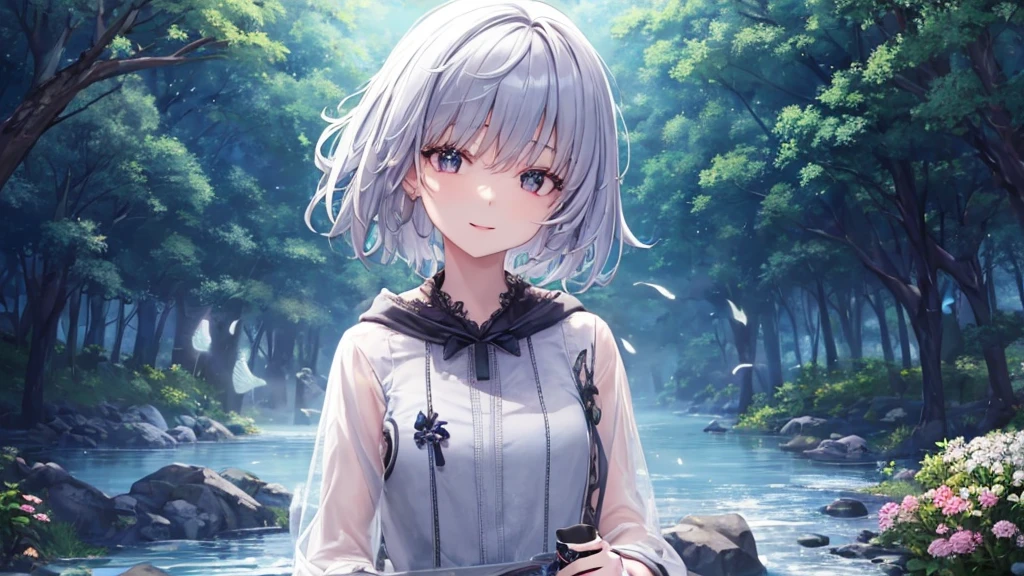 Ultra HD,Look at the viewers, Put your hands behind your back, With a girl, 20-year-old, 非常にShort Hair, Long bangs between the eyes, Pale blue eyes, Very detailed,(masterpiece、Highest quality),Gray Hair、Laughter、Fantastic, Silver Hair, Iris, Short hair、 Fluttering Hair、Small Face、明るいsmile、(Detailed face) ,Professional Lighting,Wonderful landscape,blue sky, sunlight,Looking down from above,Portraiture、Open your mouth、Flower Field、Her eyes were shining、Mysterious and enchanting atmosphere。With AI Painting、とてもShort Hair, Long bangs between the eyes, Very detailed,(masterpiece、Highest quality)、alone、Gray Hair、Fantasy, Silver Hair, Fantasyな風景、smile、Open your mouth、short hair、Short Hair、hairpin、black eye、Grey Eyes、Beautiful Eyes、Black Shirt、White hoodie