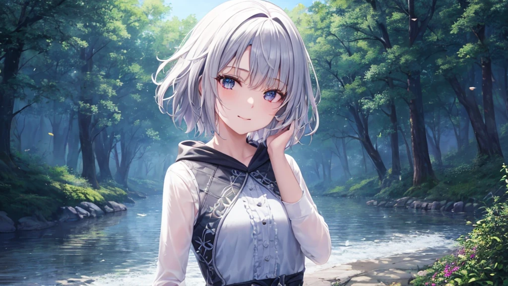 Ultra HD,Look at the viewers, Put your hands behind your back, With a girl, 20-year-old, 非常にShort Hair, Long bangs between the eyes, Pale blue eyes, Very detailed,(masterpiece、Highest quality),Gray Hair、Laughter、Fantastic, Silver Hair, Iris, Short hair、 Fluttering Hair、Small Face、明るいsmile、(Detailed face) ,Professional Lighting,Wonderful landscape,blue sky, sunlight,Looking down from above,Portraiture、Open your mouth、Flower Field、Her eyes were shining、Mysterious and enchanting atmosphere。With AI Painting、とてもShort Hair, Long bangs between the eyes, Very detailed,(masterpiece、Highest quality)、alone、Gray Hair、Fantasy, Silver Hair, Fantasyな風景、smile、Open your mouth、short hair、Short Hair、hairpin、black eye、Grey Eyes、Beautiful Eyes、Black Shirt、White hoodie