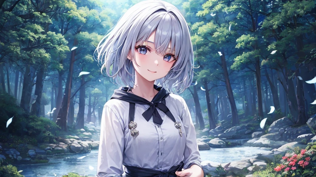 Ultra HD,Look at the viewers, Put your hands behind your back, With a girl, 20-year-old, 非常にShort Hair, Long bangs between the eyes, Pale blue eyes, Very detailed,(masterpiece、Highest quality),Gray Hair、Laughter、Fantastic, Silver Hair, Iris, Short hair、 Fluttering Hair、Small Face、明るいsmile、(Detailed face) ,Professional Lighting,Wonderful landscape,blue sky, sunlight,Looking down from above,Portraiture、Open your mouth、Flower Field、Her eyes were shining、Mysterious and enchanting atmosphere。With AI Painting、とてもShort Hair, Long bangs between the eyes, Very detailed,(masterpiece、Highest quality)、alone、Gray Hair、Fantasy, Silver Hair, Fantasyな風景、smile、Open your mouth、short hair、Short Hair、hairpin、black eye、Grey Eyes、Beautiful Eyes、Black Shirt、White hoodie