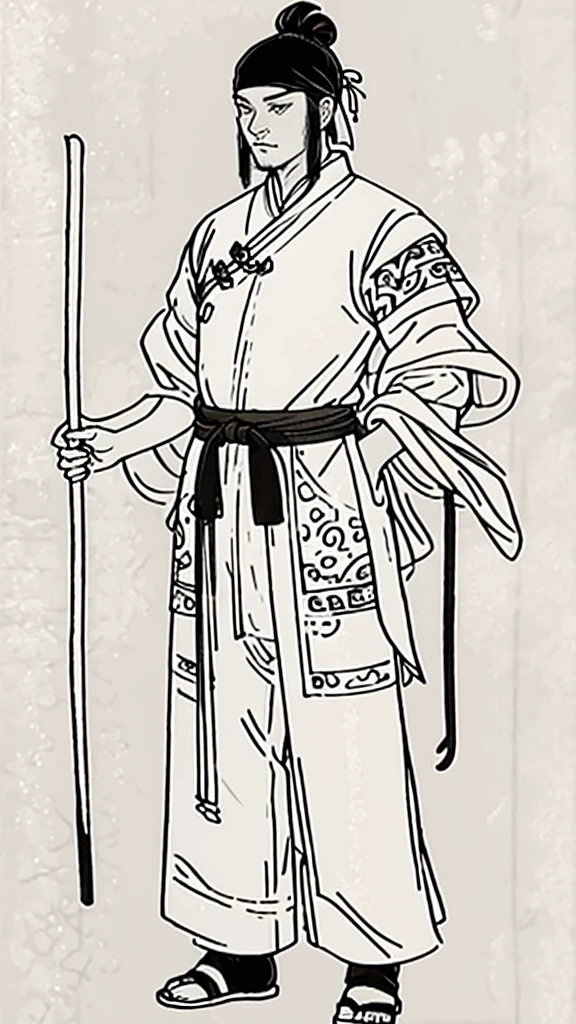 (((Monochrome)))、(((Ink Painting)))、((ancient China、Handsome young man with hair in a bun and wearing a white swimming cap))、Have a long stick、Upper Body、Hands on hips、Line art、Oriental、Ultra-high resolution、Game Poster、Crisp and beautiful image quality、(ancient China鎧, Dragon head on shoulder, (ancient China鎧 with intricate pattern:1.2), gloves, Long trousers, (Very detailed, bloom:1.5), (Highest quality, Concept Art, 4K), (analog:1.2), (high sharpness), (Detailed pupil:1.1), Detailed face and eyes, masterpiece, Highest quality,8k, (Black Hair, Dynamic Short Hair), (PurerosFace_v1:0.2), [:(Detailed face:1.2):0.2], sharp, Realistic Shadows,  