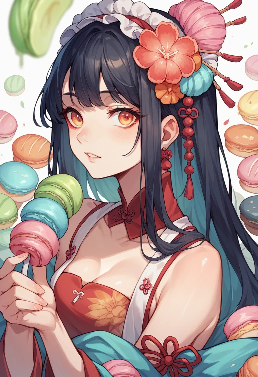 A young East Asian woman with long dark hair wearing a colorful floral headdress, surrounded by vibrant macarons or colorful pastries