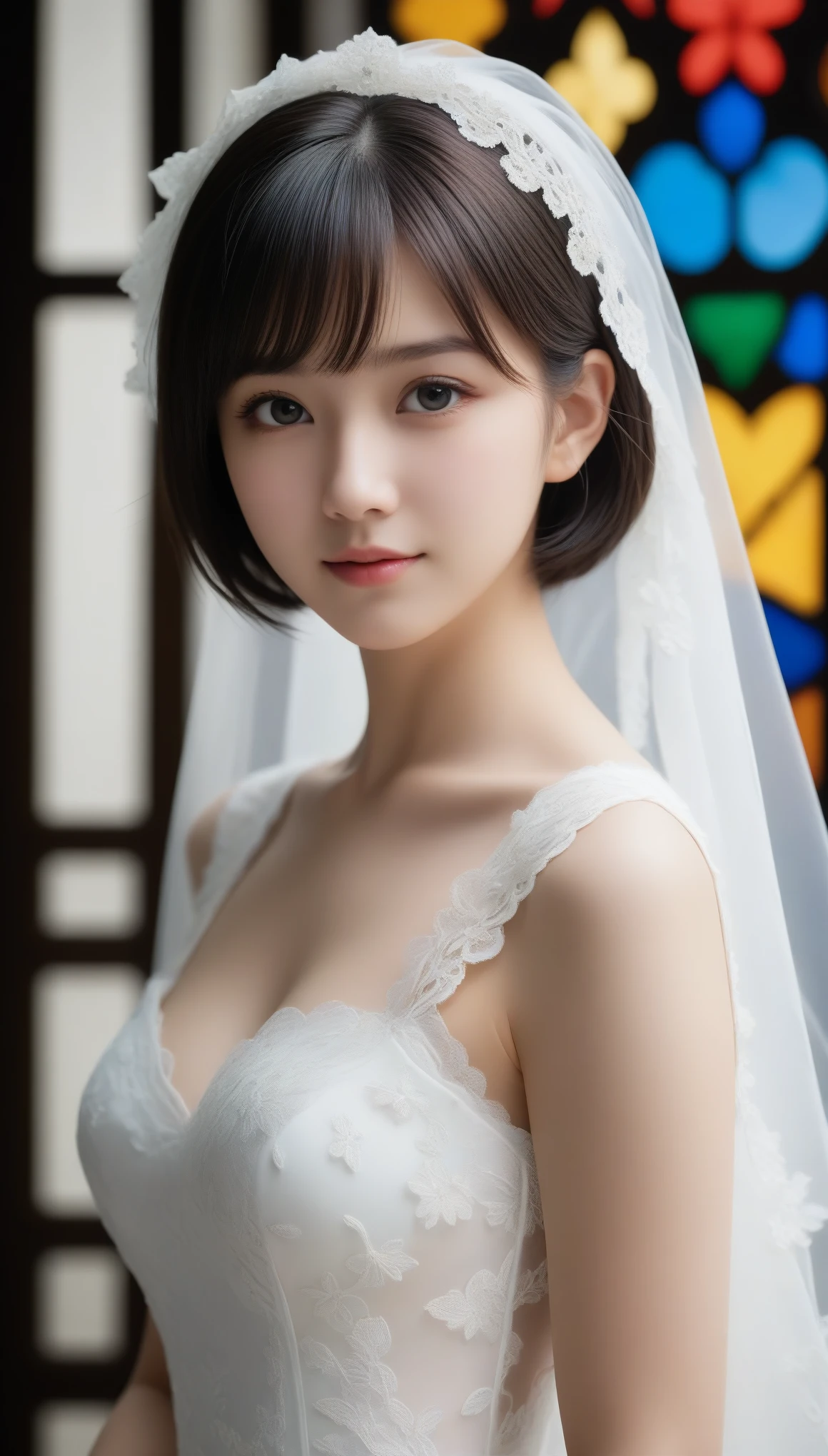8k, Ultra-high resolution, Highest quality, masterpiece, 三分割法によるphotograph,Surreal, photograph, 1 Girl, (:1.3), pretty girl, Cute Face, Beautiful eyes in every detail, 細かくdetailedに,masterpiece,One Girl:1.2,Japan Female Teachers,full body,light smile,Black short hair,Bob with bangs,(印象派の美しい少女のPortraiture),(Impressionist light and colour), (White Wedding Dress:1.3),(Fairy, bride, Shiny Hair, Beautiful dark eyes, So cute and beautiful,16 years old0.8),Sharp contours,Looking down, (Wedding Veil,White lace), ((Gothic cathedral)), (Stained Glass Windows:1), indoor, Light from above, Low contrast, (Side view),, Perfect and beautiful face ,完璧でCute Face, Skin with attention to detail, Perfect limbs、Narrow waist,Looking at the audience,(((Ideal body type))),A cup small breasts :2,Portraiture:2,Perfect Anatomy,鮮明なdetailed,detailed,Surreal,Light and shadow,glowing