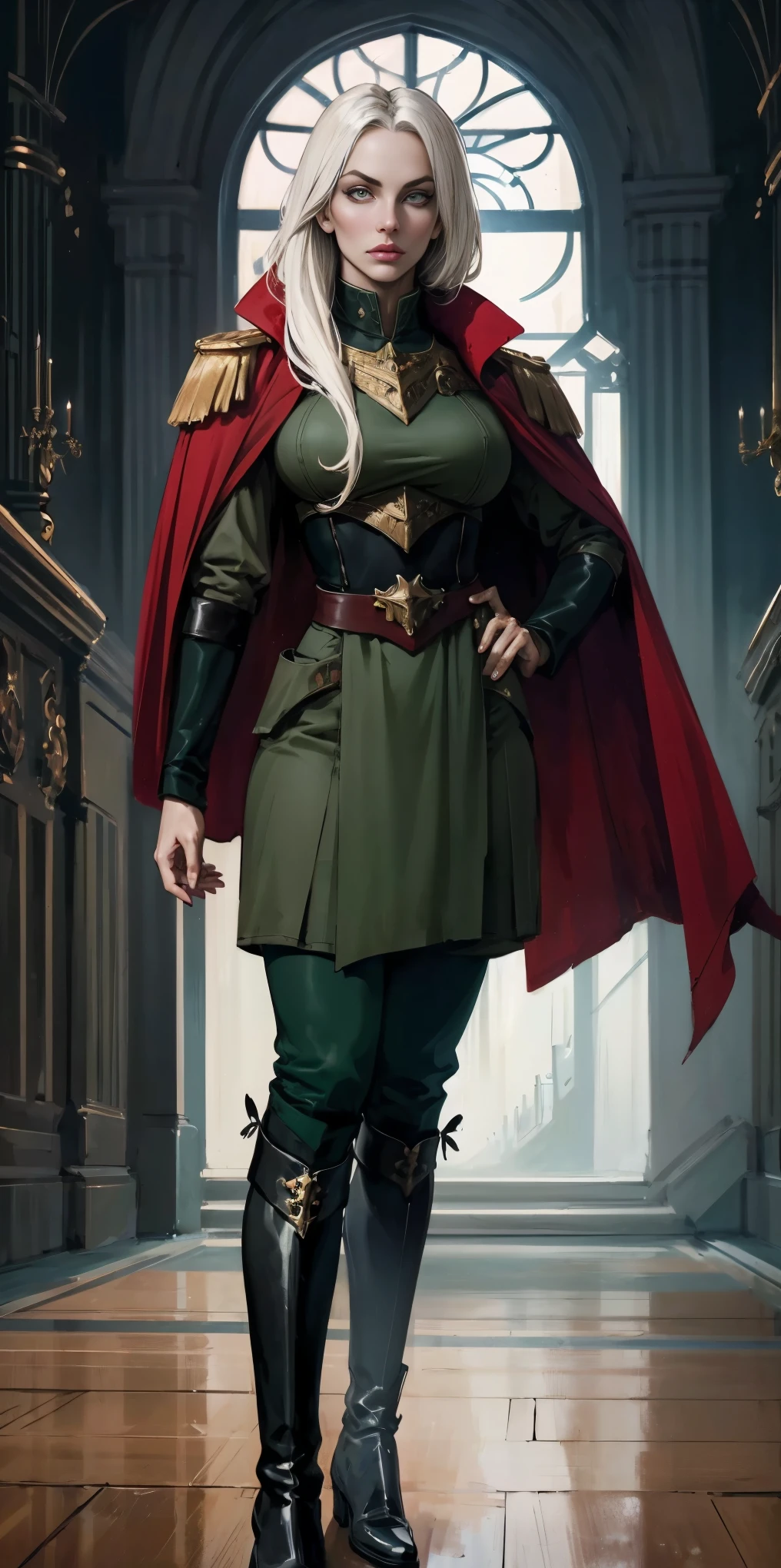 A woman with long platinum blonde hair, choppy bangs, arched crescent eyebrows, sharp and determined eyes, a delicate oval face, a serious expression, a fantasy-style dark green military coat, draped with a dark red waist-length cloak, military trousers, leather combat boots, silver greaves leggings, one hand on her hip, standing in a spacious training ground, this character embodies a finely crafted fantasy-style female military officer in anime style, exquisite and mature manga art style, pale skin, high definition, best quality, highres, ultra-detailed, ultra-fine painting, extremely delicate, professional, perfect body proportions, golden ratio, anatomically correct, symmetrical face, extremely detailed eyes and face, high quality eyes, creativity, RAW photo, UHD, 32k, Natural light, cinematic lighting, masterpiece-anatomy-perfect, masterpiece:1.5