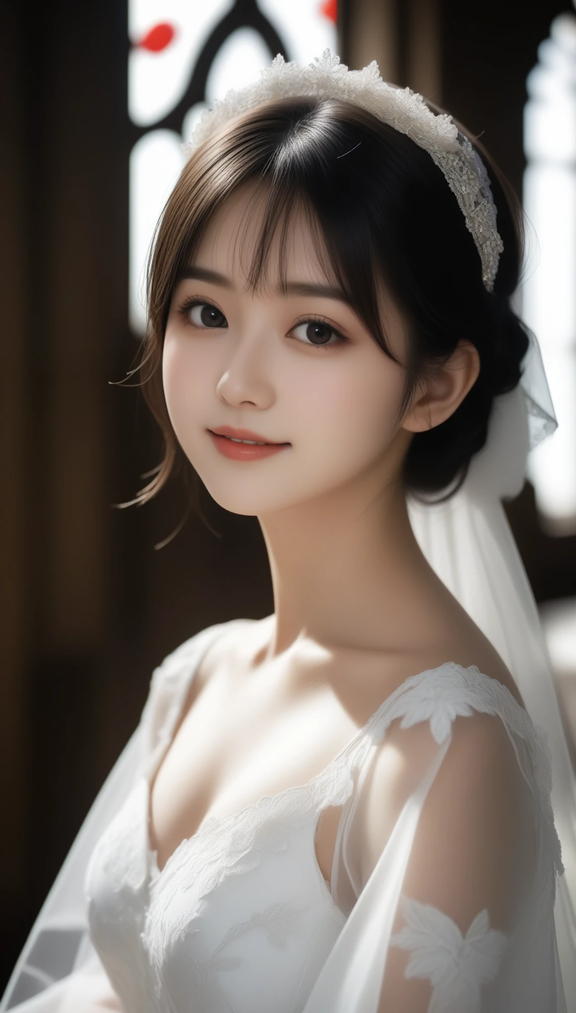 8k, Ultra-high resolution, Highest quality, masterpiece, 三分割法によるphotograph,Surreal, photograph, 1 Girl, (:1.3), pretty girl, Cute Face, Beautiful eyes in every detail, 細かくdetailedに,masterpiece,One Girl:1.2,Japan Female Teachers,full body,light smile,Black short hair,Bob with bangs,(印象派の美しい少女のPortraiture),(Impressionist light and colour), (White Wedding Dress:1.3),(Fairy, bride, Shiny Hair, Beautiful dark eyes, So cute and beautiful,16 years old0.8),Sharp contours,Looking down, (Wedding Veil,White lace), ((Gothic cathedral)), (Stained Glass Windows:1), indoor, Light from above, Low contrast, (Side view),, Perfect and beautiful face ,完璧でCute Face, Skin with attention to detail, Perfect limbs、Narrow waist,Looking at the audience,(((Ideal body type))),A cup small breasts :2,Portraiture:2,Perfect Anatomy,鮮明なdetailed,detailed,Surreal,Light and shadow,glowing