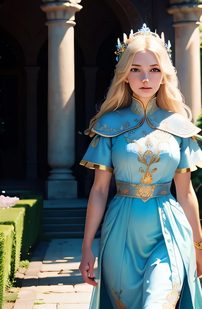 Create an image of a woman from the front, half to the side, in the background there is a lush palace garden, with a blue sky and soft white clouds. The woman must have fair skin, long straight, blonde hair, and be dressed in a light blue silk dress, adorned with golden embroidery. The face is very detailed, with well-drawn and made eyes, nose and mouth. Colorful flowers should decorate the path. The atmosphere must convey nobility and truth. Use 8k resolution, with fantasy rendering style. Lighting should be soft, with ultra-fine details. The image should tell the story of Alice walking gracefully through the garden of a palace, representing her noble and true quality.