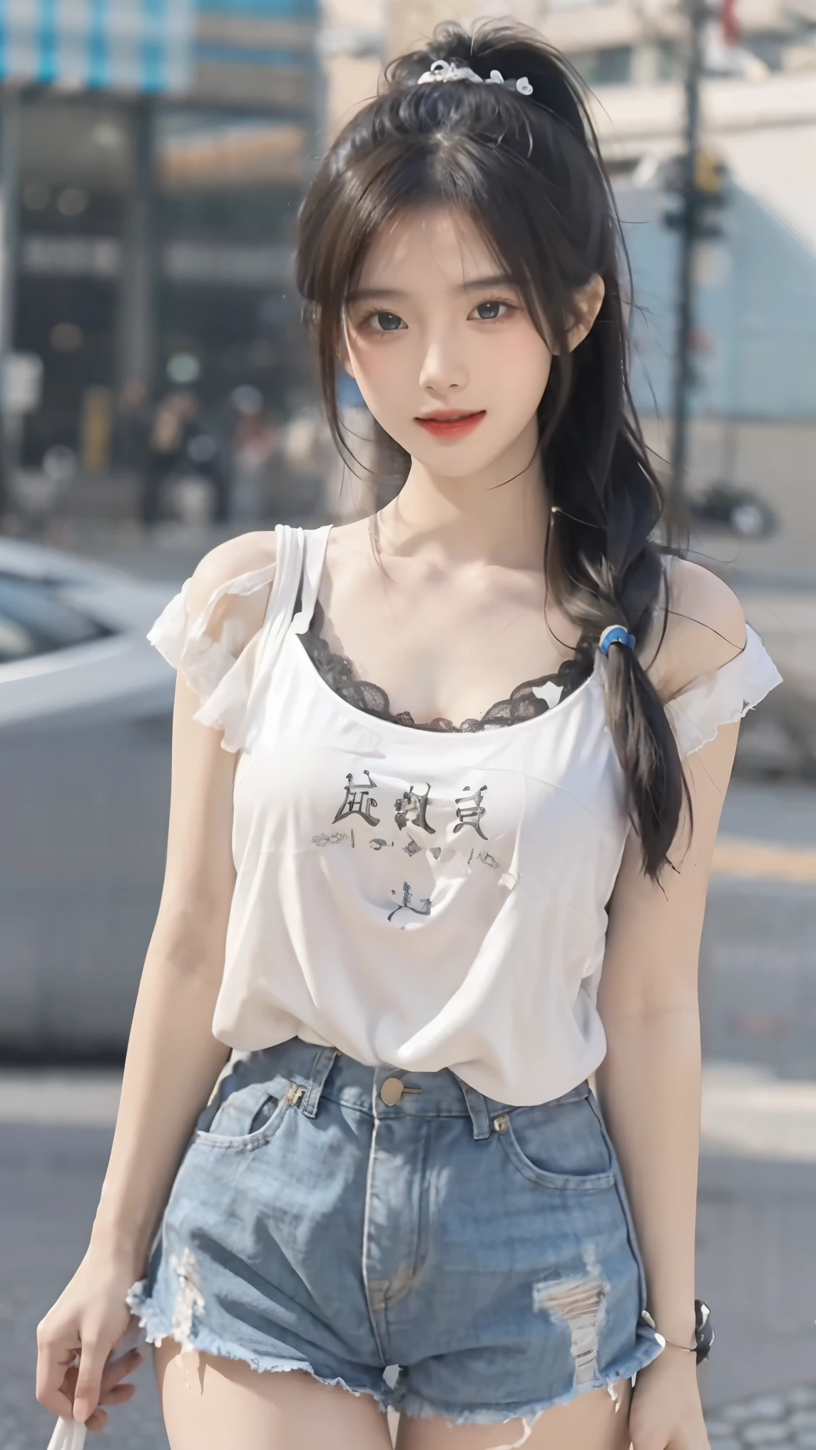 ，Close-up of miss wearing white mask, Beautiful character painting, Gu Weiss, Gurwitz-style artwork, White-haired god, author：Yang Jie, Epic and beautiful character art, Stunning character art, author：Fan Qi, by Wuzhun Shifan, pixiv Art Street Guviz, Single ponytail, insult, High Ponytail, Tall and big, Long legs, (Sleeveless lace shirt), (shorts), (Striped )), ((Striped )), Walk, elegant, dignified, miss, Beautiful curves, sweet smile, Strong sense of detail and layering, color丰富绚丽, Has a unique texture, rich and colorful, color, vivid, Design Art, 16K, Very detailed, {{illustration}}, {Extremely refined}, {Exquisite surface treatment}, Very detailed, Delicate and shining eyes, {{Light}}, 极致Light效果, Model: realism, CFG size: 12, Laura: Bright texture (1.35), high quality, masterpiece, Exquisite facial features, Delicate hair depiction, Detailed depiction of the eyes, masterpiece, best quality, Light線追蹤, Extremely detailed CG unified 8k wallpaper, masterpiece, best quality, (1 girl), 完美miss身材, (((Skinny white T-shirt))),  (Delicate face), Black short hair, Tie your hair up, Light blue hairpin,  (White skin), (Optimal Lighting), (Super intricate details), 4K Unified, (Very detailed CG), Showing off her white legs, , Hot Pants, shorts,