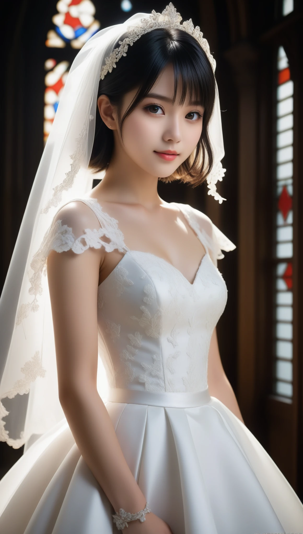 8k, Ultra-high resolution, Highest quality, masterpiece, 三分割法によるphotograph,Surreal, photograph, 1 Girl, (:1.3), pretty girl, Cute Face, Beautiful eyes in every detail, 細かくdetailedに,masterpiece,One Girl:1.2,Japan Female Teachers,full body,light smile,Black short hair,Bob with bangs,(印象派の美しい少女のPortraiture),(Impressionist light and colour), (White Wedding Dress:1.3),(Fairy, bride, Shiny Hair, Beautiful dark eyes, So cute and beautiful,16 years old0.8),Sharp contours,Looking down, (Wedding Veil,White lace), ((Gothic cathedral)), (Stained Glass Windows:1), indoor, Light from above, Low contrast, (Side view),, Perfect and beautiful face ,完璧でCute Face, Skin with attention to detail, Perfect limbs、Narrow waist,Looking at the audience,(((Ideal body type))),A cup small breasts :2,Portraiture:2,Perfect Anatomy,鮮明なdetailed,detailed,Surreal,Light and shadow,glowing