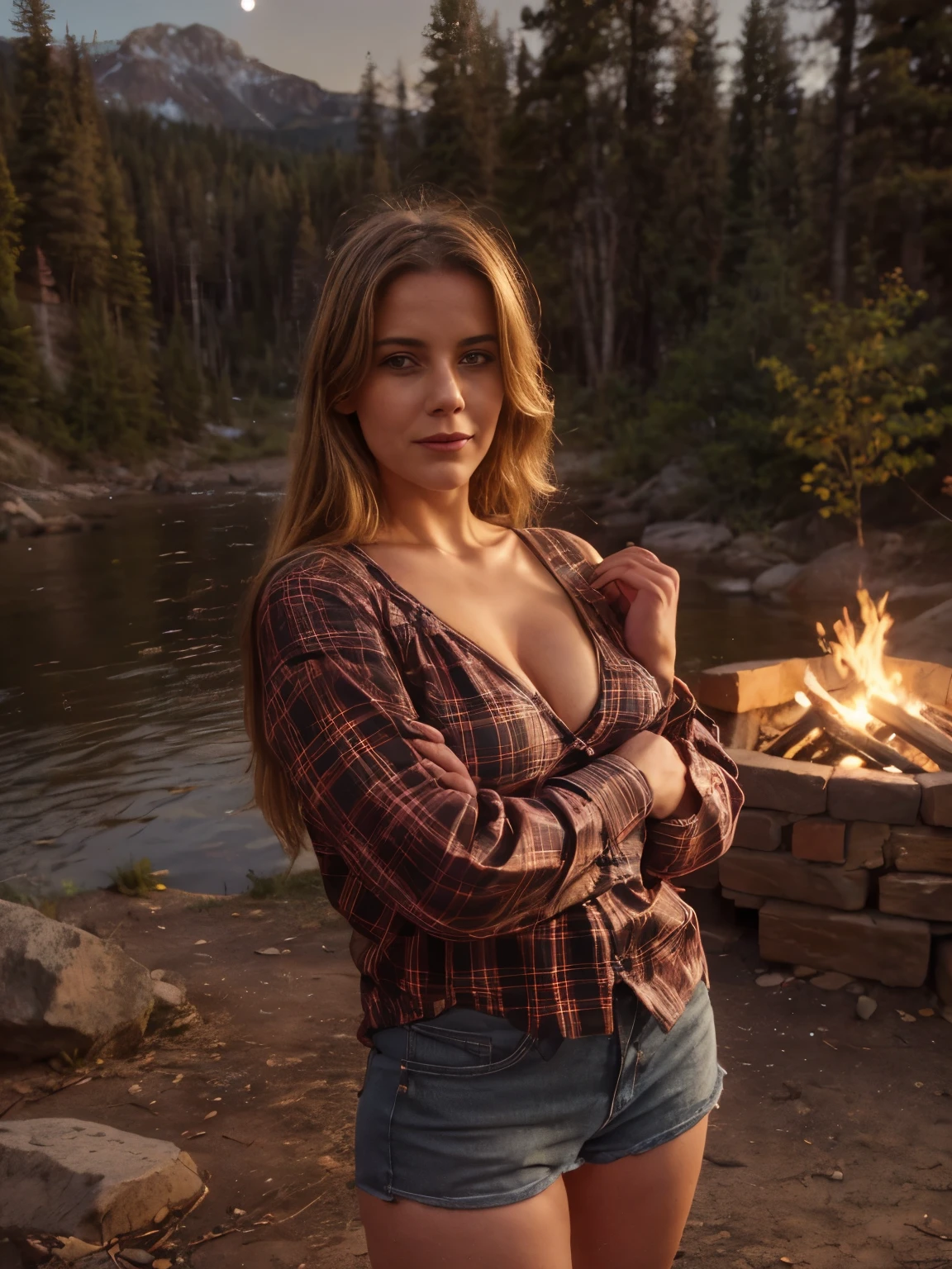 a young seductive slightly smiling blond woman takes a selfie of her upper body, her face beaming with happiness against a stunning outdoor night scene. This masterpiece captures the essence of a cheerful camping adventure amidst the natural splendor of a mountain landscape. The scene is set under a clear sky, where the stars and moon illuminate the surroundings with a gentle glow, creating a serene and picturesque atmosphere.

The woman is styled in a red plaid shirt with long sleeves, open at the neckline to reveal her lingerie, adding a touch of seductiveness to the shot. Her attire is complemented by country boots and a country hat, contributing to the rugged outdoor aesthetic. The selfie highlights her joyful expression and confident pose, set against the backdrop of a forest filled with rocks, a gently flowing river, and a small campfire. Nearby, a lantern casts a warm light, enhancing the scene's cozy and inviting ambiance.

The camping setup includes practical items like a backpack, a sleeping bag, and a camping stove, all contributing to the authenticity of the outdoor experience. The setting is detailed with wood, smoke from the campfire, and shadows that create a rich contrast, adding depth to the image. The warm hue and tone of the lighting further emphasize the comfort and warmth of the scene, with cinematic side lighting enhancing the visual appeal.

The image is captured in ultra-high resolution, with meticulous attention to detail and the best quality, showcasing the finest shadows and textures. The seductive look of the woman, with her large breasts and open neckline, is tastefully presented within the context of the beautiful, natural setting.

put in the image: upper body selfie, happy expression, outdoor night scene, mountain backdrop, clear sky, stars, moon, red plaid shirt, long sleeves, open neckline, lingerie, country boots, country hat, camping gear, backpack, sleeping bag, camping stove, water bottle, lantern, forest, rocks, river, wood, 