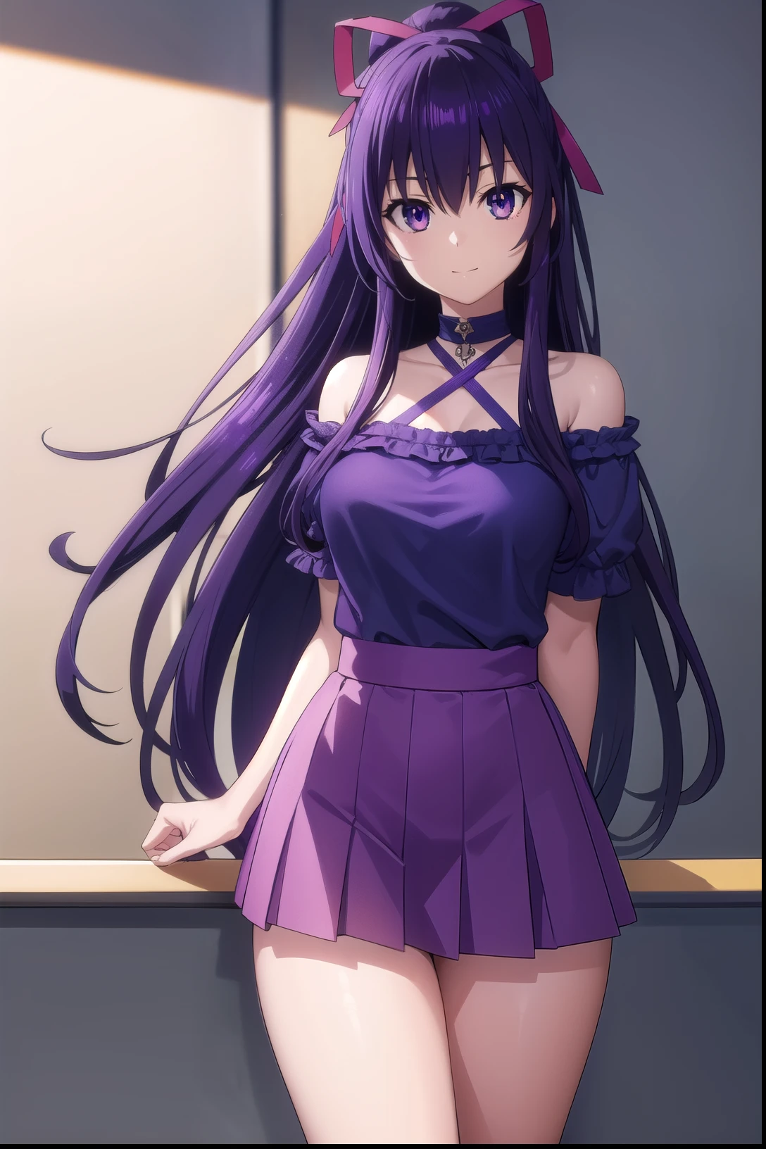 tohkayatogami, tohka yatogami casual, long hair, purple hair, alluringly smile ,half sleeve crop top , square neck, long split skirt , baby blue colour (purple eyes:1.1), hair ribbon, ponytail, purple hair, white ribbon, E cup breasts, bewitched thighs, slender waist, plump butt , high heels
BREAK ,
BREAK daylight ,alone,
BREAK looking at viewer, standing, poses
BREAK (masterpiece:1.2), best quality, high resolution, unity 8k wallpaper, (illustration:0.8), (beautiful detailed eyes:1.6), extremely detailed face, perfect lighting, extremely detailed CG, (perfect hands, perfect anatomy),