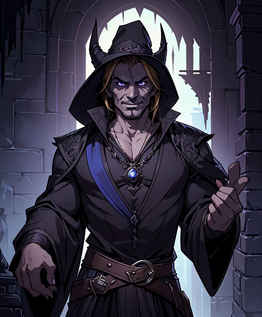(centered, upper body, smirk), score_9, score_8_up, score_7_up, (((Design a very sexy and handsome male villain for a fantasy setting.))) (((Inspired by Disney's Haunted Mansion attraction.))) (((Solo focus. Single character image.))) Upper body image. Long blond hair. Smirk. This is a fantasy character portrait. (((Dark and eerie dungeon background.))) Use a similar aesthetic as Disney's Haunted Mansion attraction for this image. Looks like a single character portrait of an exciting, male sorcerer for a high fantasy setting. (((Intimidating stare.))) Looks like an exciting fantasy character. (((Looks like a a sinister human sorcerer with Haunted Manor colors as a fantasy character.))) Exciting and dramatic, with an excellent fashion sense. He wears fantasy attire, such as a dark sorcerer outfit. Darkly handsome, darkly sexy, looks like a sexy male villain, hyper detailed, gothic art, trending on artstation, Dungeons & Dragons character portrait, intricate details, ultra detailed, ultra detailed clothes, ultra epic masterpiece, ultra detailed, intricate details, award winning, fantasy art concept masterpiece, trending on Artstation, digital art, unreal engine, 8k, ultra HD, centered image masterpiece:1.2, photorealistic:1.2, girl focus, volumetric lighting, glossy skin, shiny skin,