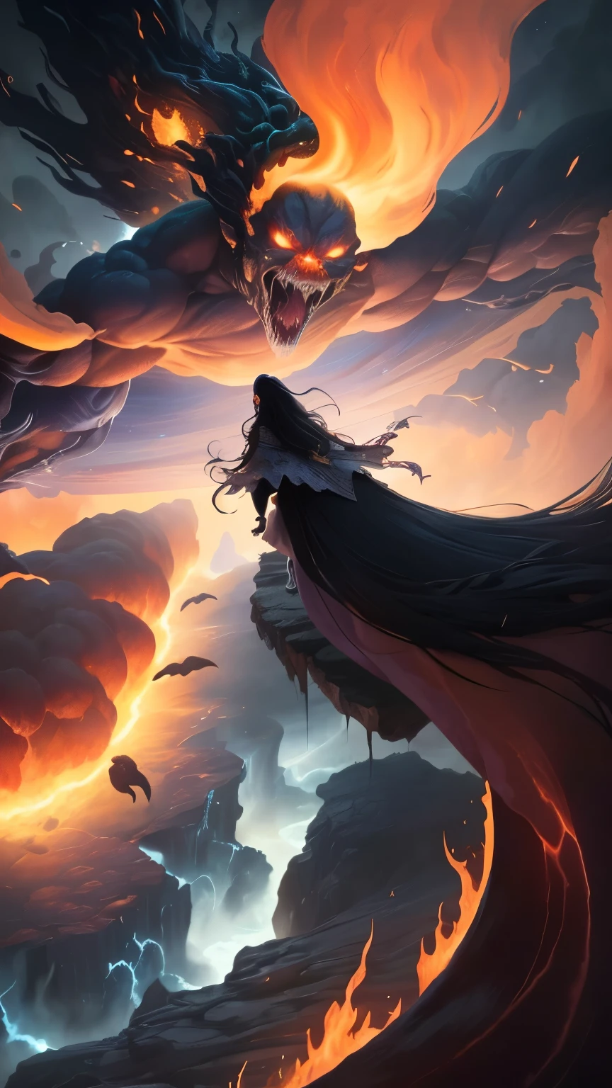 ((best quality)), ((masterpiece)), (detailed), A digital illustration of a furious woman in a light peach color princess dress with long black hair flying in the air surrounded by monsters, with a tornado and lava in the background 